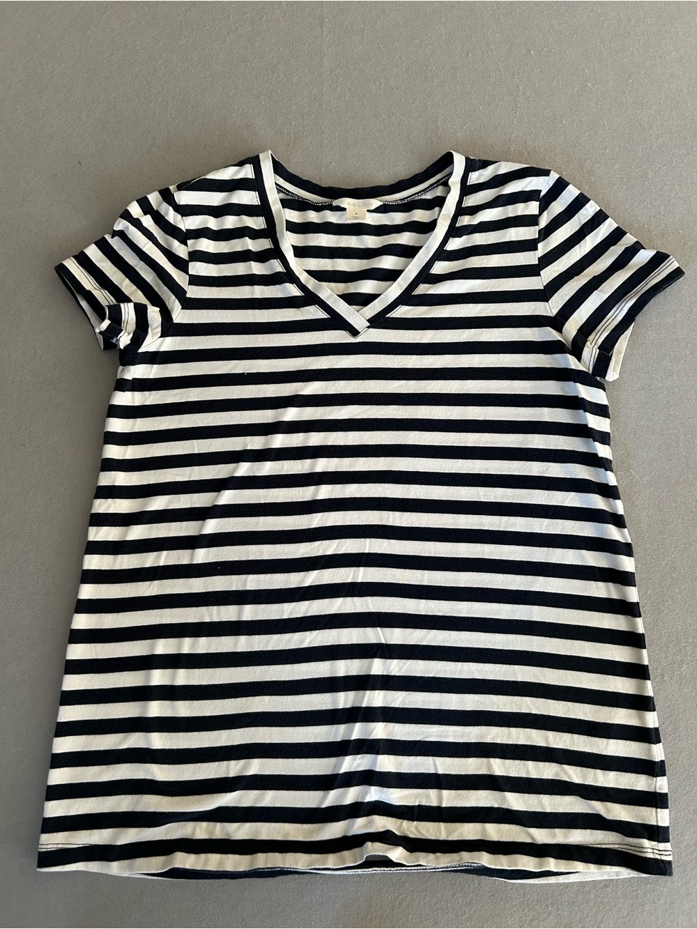 Caslon Black & White Striped V-Neck Top Size M Short Sleeves